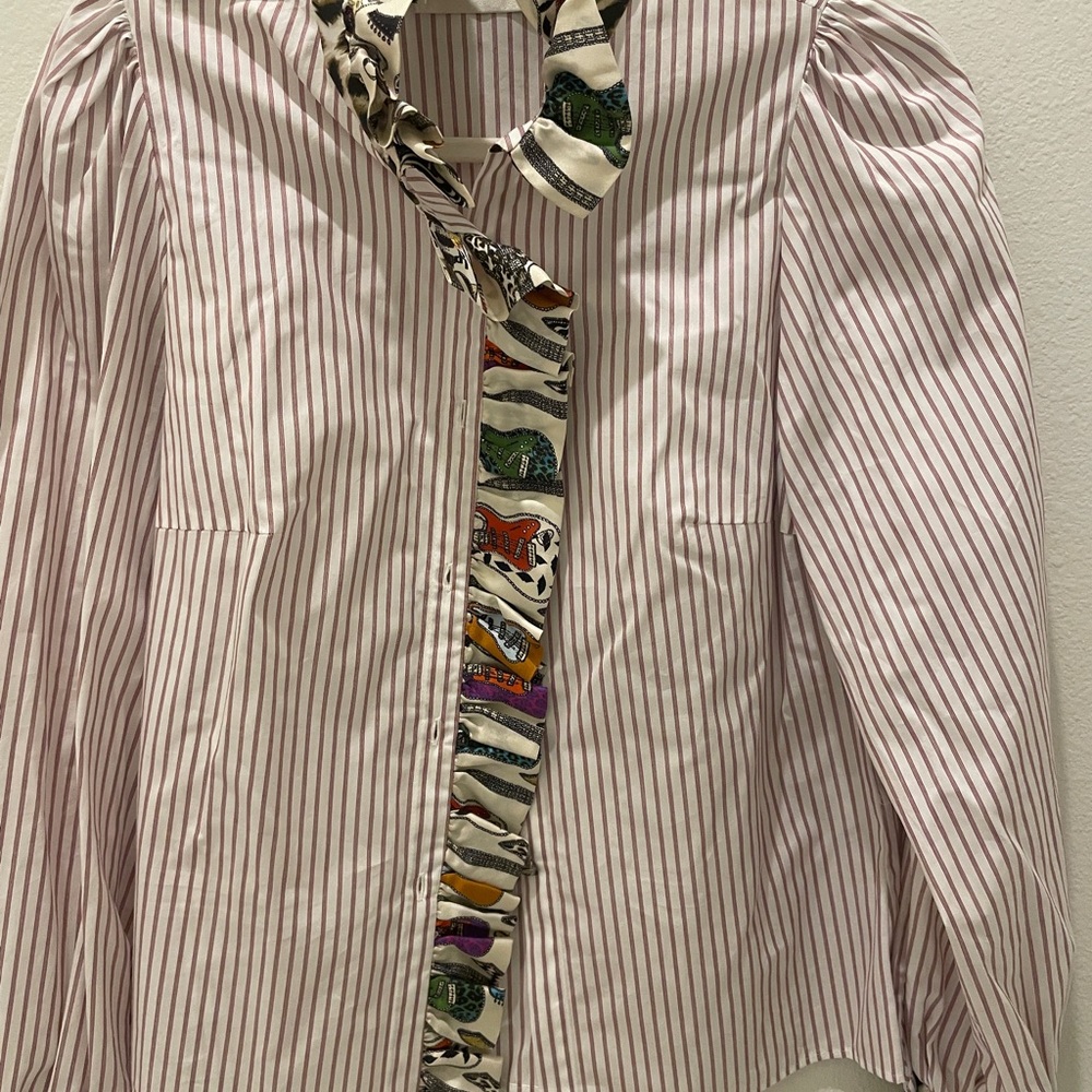 Guitar and cheetah trim Striped Pink Blouse with Patterned Scarf Accent S
